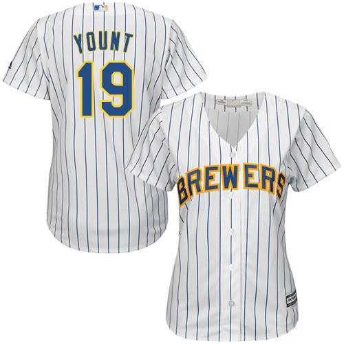 Brewers #19 Robin Yount White Strip Home Women's Stitched MLB Jersey - Click Image to Close